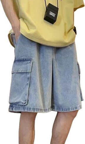Mens Baggy Jean Shorts Y2k Hip Hop Cargo Pants Jorts Loose Fit Long Denim Shorts Streetwear in Kuwait