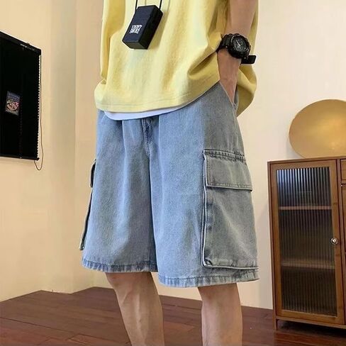 Mens Baggy Jean Shorts Y2k Hip Hop Cargo Pants Jorts Loose Fit Long Denim Shorts Streetwear in Kuwait