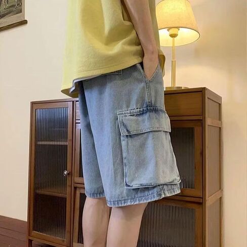Mens Baggy Jean Shorts Y2k Hip Hop Cargo Pants Jorts Loose Fit Long Denim Shorts Streetwear in Kuwait