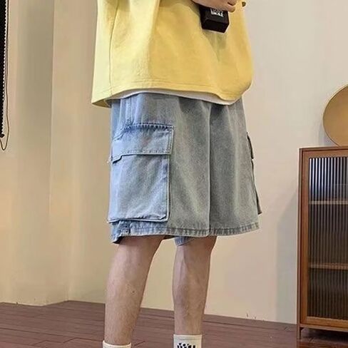 Mens Baggy Jean Shorts Y2k Hip Hop Cargo Pants Jorts Loose Fit Long Denim Shorts Streetwear in Kuwait