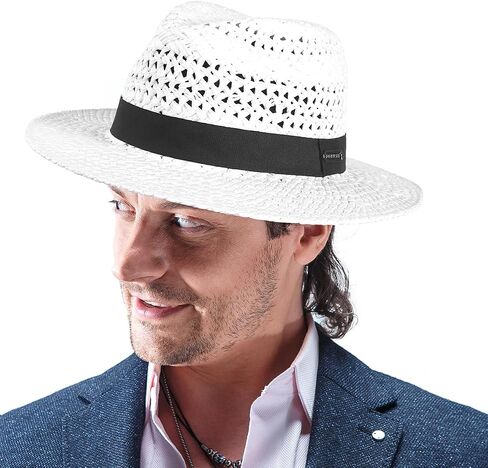 Men's Straw Fedora Hats Women Vented Panama Wide Brim Summer Beach Sun Hat in Kuwait