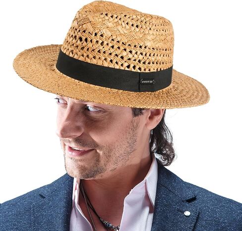 Men's Straw Fedora Hats Women Vented Panama Wide Brim Summer Beach Sun Hat in Kuwait