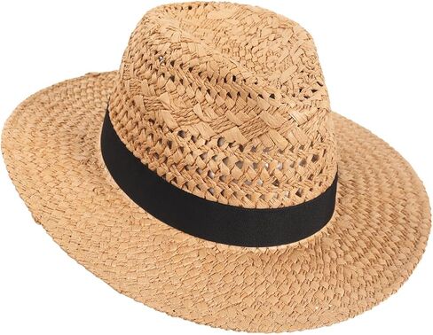 Men's Straw Fedora Hats Women Vented Panama Wide Brim Summer Beach Sun Hat in Kuwait