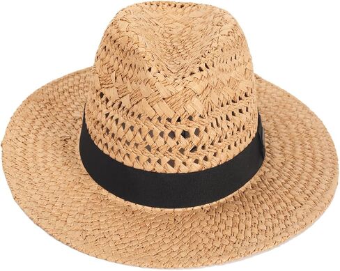 Men's Straw Fedora Hats Women Vented Panama Wide Brim Summer Beach Sun Hat in Kuwait