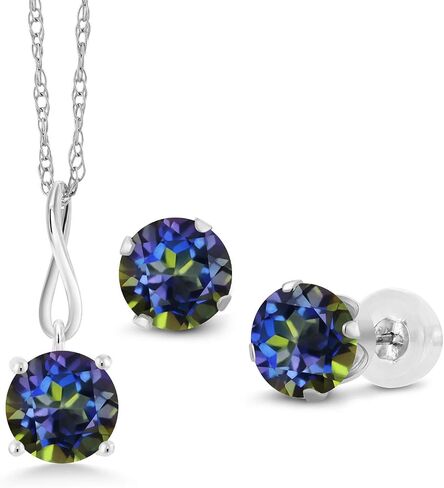 مجموعة أقراط قلادة من الذهب الأبيض عيار 10 قيراط من Gem Stone King 6 مم كابوشون أبيض مقلد للنساء (3.00 قيراط، مع سلسلة 18 بوصة) in Kuwait