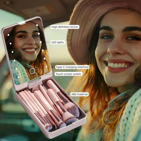 BS-MALL Travel Makeup Brush Set Foundation Powder Concealers Eye Shadows Makeup Set with LED light Mirror 14 Pcs Mini Makeup Brushes (APINK) in Kuwait