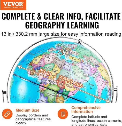 VEVOR Illuminated World Globe with Stand, 13 in/330.2 mm, Educational Earth Globe with Stable Heavy Metal Base HD Printed Map and LED Night Lighting, 720° Spinning Globe for Kids Classroom Learning in Saudi Arabia