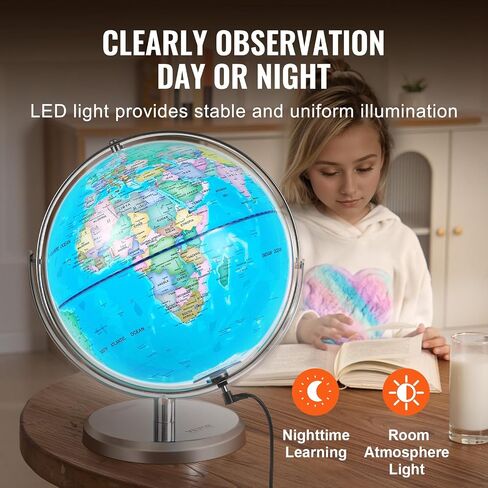VEVOR Illuminated World Globe with Stand, 13 in/330.2 mm, Educational Earth Globe with Stable Heavy Metal Base HD Printed Map and LED Night Lighting, 720° Spinning Globe for Kids Classroom Learning in Saudi Arabia