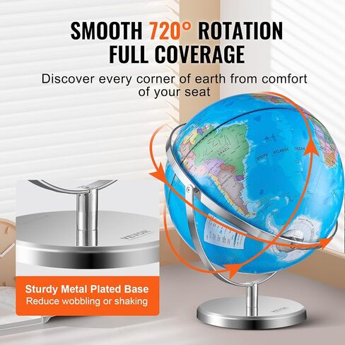 VEVOR Illuminated World Globe with Stand, 13 in/330.2 mm, Educational Earth Globe with Stable Heavy Metal Base HD Printed Map and LED Night Lighting, 720° Spinning Globe for Kids Classroom Learning in Saudi Arabia