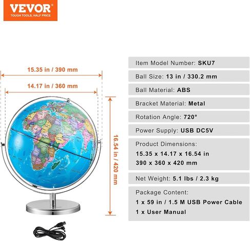 VEVOR Illuminated World Globe with Stand, 13 in/330.2 mm, Educational Earth Globe with Stable Heavy Metal Base HD Printed Map and LED Night Lighting, 720° Spinning Globe for Kids Classroom Learning in Saudi Arabia