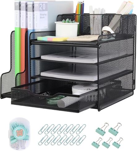 Desk Organizer with Upright File Holder, 4-Tier Desk Accessories & Workspace Desk Organizers, Mesh Desk Organizer for Office Supplies in Saudi Arabia