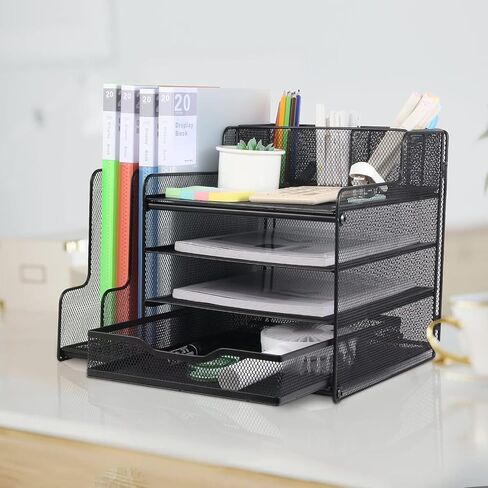 Desk Organizer with Upright File Holder, 4-Tier Desk Accessories & Workspace Desk Organizers, Mesh Desk Organizer for Office Supplies in Saudi Arabia