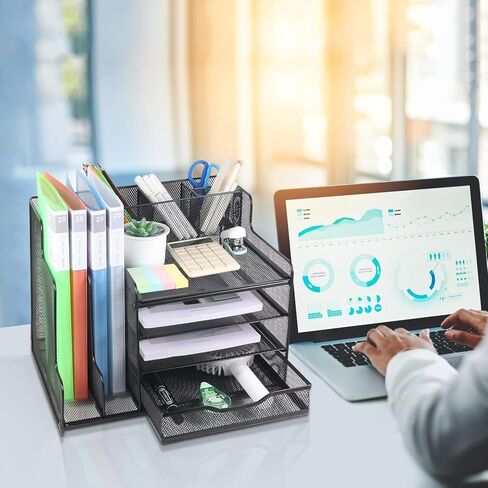 Desk Organizer with Upright File Holder, 4-Tier Desk Accessories & Workspace Desk Organizers, Mesh Desk Organizer for Office Supplies in Saudi Arabia