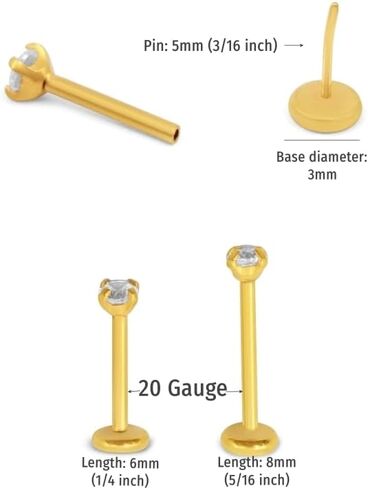 زوج 20 مقياس 8 مم أو 6 مم (طول العمود) مع Prong CZ THREADLESS (دفع خلفي)، فولاذ جراحي (خالي من النيكل)، غضروف، مونرو، وحلقة أنف in Saudi Arabia