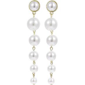 CHARIFIN Gold Long Pearl Earrings Pearl Drop Earrings for Women Big Simulated Pearl Hanging Handmade Fringe Pearl Dangle Earrings for Women (6pairs)