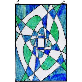 Bieye W10057 Geometric Drawing Tiffany Style Stained Glass Window Panel with Chain, 12" W x 18" H, Green