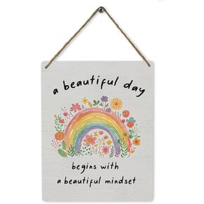 Boho Rainbow Spring Wood Wall Hanging Tags,Inspirational Quotes A Beautiful Day Begins with A Beautiful Mindset,Wood Sign Wall Hanging for Nursery Home Kids Room Bedroom,8×10 Inch