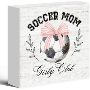 Coquette Soccer Mom Decor Wood Box Sign Desk Decor, Soccer Lover Decor, Preppy Pink Bow Wooden Block Sign Decorations for Home Girly Room College Dorm Living Room Wall Tabletop Shelf Decor
