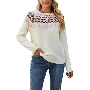 Lunoakvo Women Geometric Pattern Argyle Pullovers Loose Oversized O-Neck Knitted Sweaters Jumper