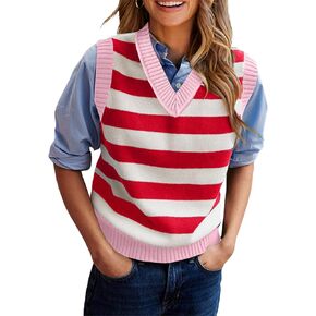 EVALESS Casual V Neck Sweater Tank Tops for Women Fall Color Block Striped Sweater Vest Knit Sleeveless Pullover Sweaters