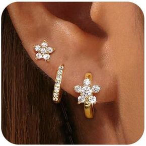 GEORGE · SMITH Gold Hoop Earrings for Women, 14k Gold Flower Earrings, 3 Pairs Cubic Zirconia Earrings Set for Women