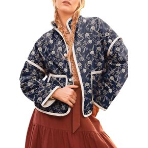 Dokotoo Warm Quilted Jackets for Women Long Sleeve Floral Print Button Down Puffer Jacket Coats with Pockets