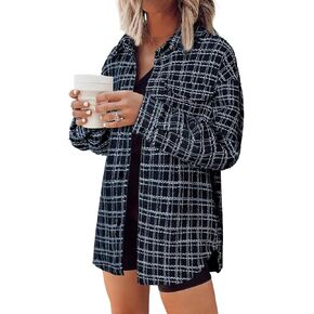 SHEWIN Women 2024 Long Sleeve Button Down Shackets Fashion Plaid Pocket Shirts Jacket