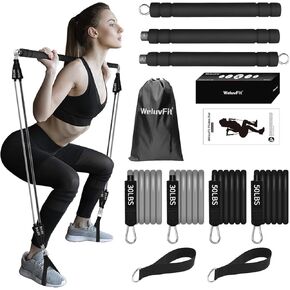 WeluvFit Pilates Bar Kit with Resistance Bands, Exercise Fitness Equipment for Women & Men, Home Gym Workouts Stainless Steel Stick Squat Yoga Pilates Flexbands Kit for Full Body Shaping