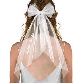 Bride to Be Embroidered Hair Bow Veil Bachelorette Party Decoration Bridal Shower Supply Tulle Pearl 2 Tier Bow Bridal Veil Engagement Accessory Bride Gift Velos De Novia(Style-A)