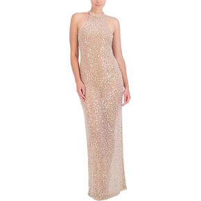 BCBGMAXAZRIA Women's Sleeveless Mock Neck Beaded Mesh Maxi Gown