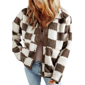 SHEWIN Jackets For Women Causal Long Sleeve Fleece Jacket Loose Lapel Button Down Plaid Sherpa Coats Fall Tops