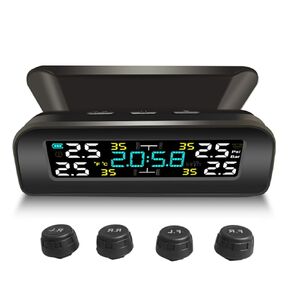 TPMS Tire Pressure Monitoring System Wireless Solar Tire Pressure Monitor Installed on Windowshield with 4 External Sensors Real-Time Display Time Temperature Pressure 0-3.5Bar for Car RV SUV MPV