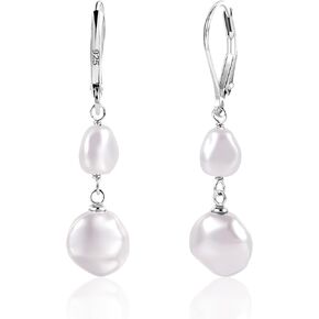 14K Gold Pearl Dangle Earrings for Women，925 Sterling Silver Double Freshwater Pearl Drop Earrings，Leverback Irregular Pearl Hypoallergenic Earrings