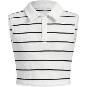 Floerns Girl's Striped Print Sleeveless Camisole Half Button Collar Knitted Tank Top