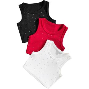 SHENHE Girl's 3 Piece Crew Neck Ribbed Knit Rhinestone Fitted Crop Tank Sleeveless Top