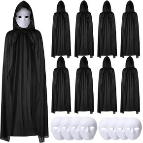 16 Pcs Halloween Black Cloak Masks Sets, 8 Adult Black Cloaks with Hood and 8 Full Face Masks Invisible Cloak Cape Robe for Adult Halloween Costume Cosplay Carnivals Party