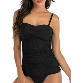 Womens Ruched Tankini Swimsuit Front Shirred Tummy Control Bandeau 2 Piece Bathing Suit