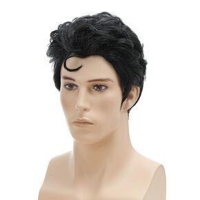 Roker Style Men’s Black Short with a Front Curl Costume Wig for Cosplay Halloween Costume Party Wig