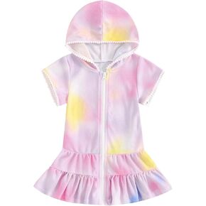 Girls Gradient Color Swim Cover Up One Piece Swimsuit Tie Dye Zip Short Sleeve Ruffle Hooded Terry Coverup Swimwear