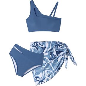 oklady Girls Swimsuit 3 Pcs Bathing Suits Cute Cutout Bikini Sets with Tropical Floral Cover Up Skirt 7-16 Years