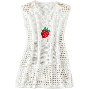 Milumia Girl's Crochet Swim Cover Up Strawberry Sleeveless Short Coverup Dress Beachwear
