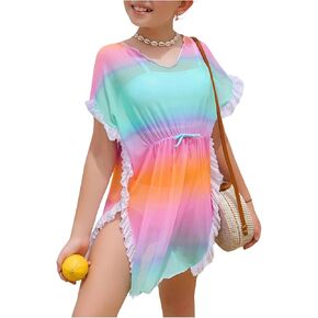 Milumia Girl's Tie Dye Mesh Sheer Beach Coverups Ruffle Swimsuit Cover Up