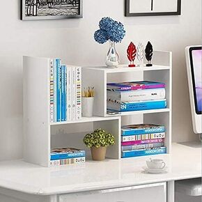 infini Desktop Bookshelf Desktop Shelf Office Storage Rack Desktop Bookshelf Wooden Adjustable Display Shelf Multifunctional Creative Small Bookshelf Organizer (White)