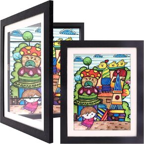 2 Pack Artwork Frames, Wood Kids Artwork Frames Changeable Display 8.5x11 Frame with Mat and 10x12.5 Without Mat, Kids Artwork Holds 150 Pieces for Children Drawings, 3D Art, Crafts, Black
