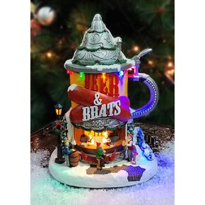 لحظات في الوقت المناسب 11.2 بوصة ارتفاع كشك بيرة ونقانق قرية الكريسماس المرسوم يدويًا من الراتنج مع أضواء LED وموسيقى عيد الميلاد in Kuwait