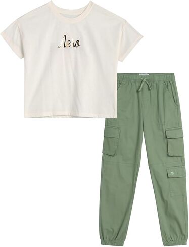 AEROPOSTALE Girls' Pants Set - 2 Piece Jersey Graphic Tee and Twill Cargo Jogger Pants - Summer Outfit for Girls (7-16) in Saudi Arabia