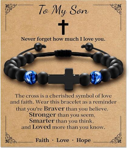 Cross Bracelet for Men Boys, Tiger Eye Bracelet Brings Health, Safety and Happiness, Baptism/Back to School/Birthday/Christmas Gifts for Son Grandson Man in Kuwait