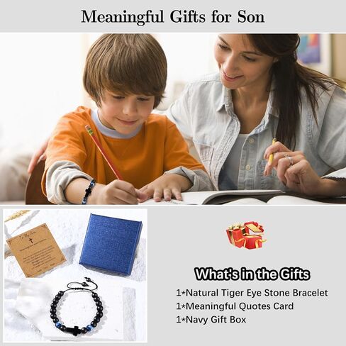 Cross Bracelet for Men Boys, Tiger Eye Bracelet Brings Health, Safety and Happiness, Baptism/Back to School/Birthday/Christmas Gifts for Son Grandson Man in Kuwait