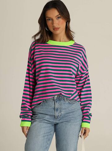IRISGOD Womens Fall Striped Sweater Long Sleeve Color Block Tops Loose Drop Shoulder Pullover Shirts in Kuwait