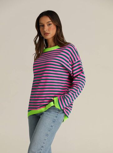 IRISGOD Womens Fall Striped Sweater Long Sleeve Color Block Tops Loose Drop Shoulder Pullover Shirts in Kuwait